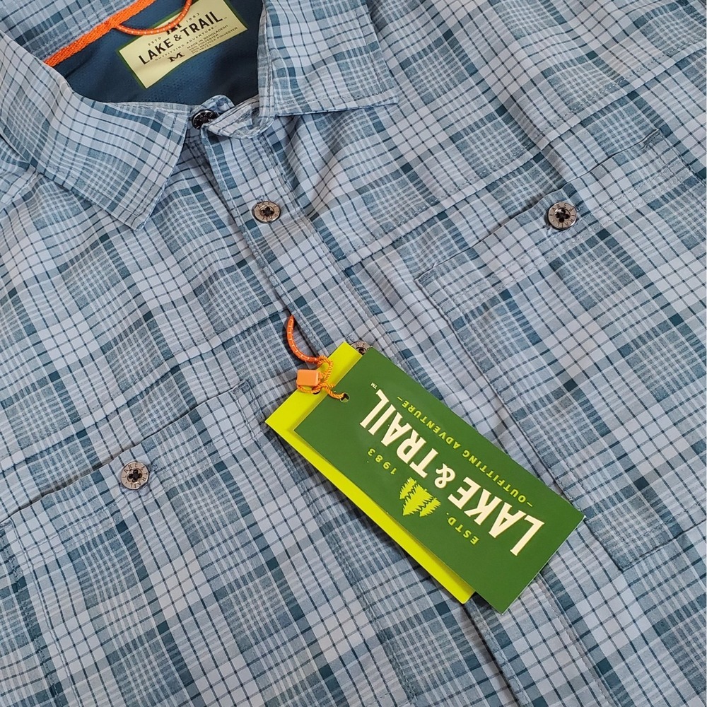 Lake & Trail Men's Button Down Shirt Size M Medium Blue Plaid Short Sleeve NWTGS